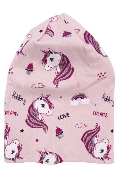 Kız Bebek Somon Gri Simli Pembe Unicorn Desenli Bere 0-6 Ay ürün görseli 1