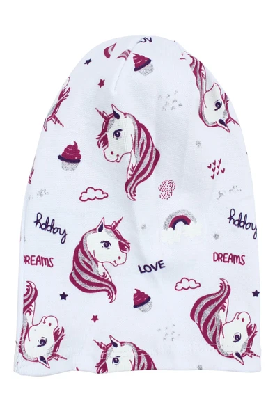 Kız Bebek Beyaz Gri Simli Pembe Unicorn Desenli Bere 0-6 Ay ürün görseli 1