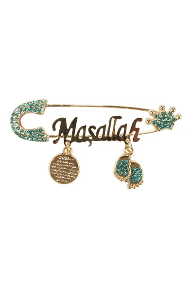 Unisex Mavi Taşlı Gold Maşallah Yazılı Bebek Yaka İğnesi ürün görseli 1