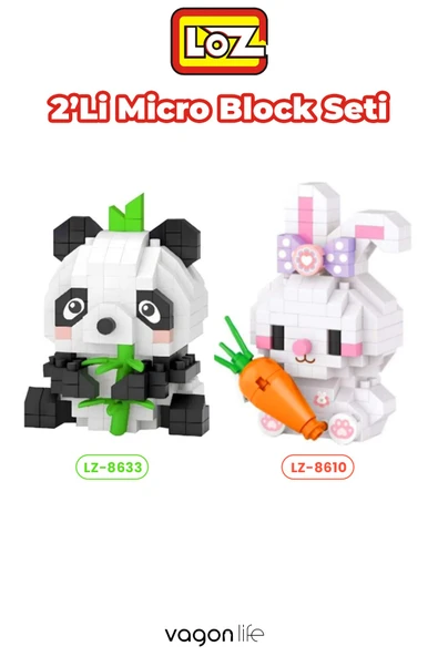 Loz Micro Block 2'li Panda Tavşan Figürü 2 Farklı Model Dekoratif Oyuncak Yapım Seti Yapı Blok Seti ürün görseli 1
