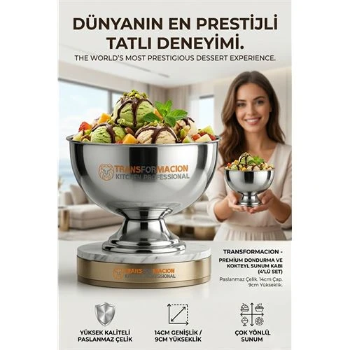 4 lü  Ayaklı Dondurma Tatlı Kokteyl ve Sunum Kasesi -  Paslanmaz Çelik 14 cm 723027 ürün görseli 1