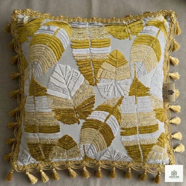 Luxury Serisi Hardal Gold Yaprak Nakışlı Kırlent Kılıfı - Püsküllü Salon Dekoru 45X45 CM ürün görseli 1