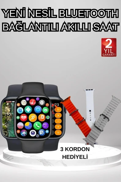 Akıllı Saat Arama Görüşme Bildirim Görme Uyku ve Sağlık Takibi Nabız Ölçer 3 Kordon Hediyeli ürün görseli 1