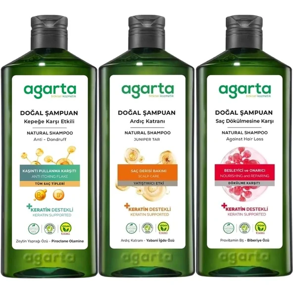 Agarta Doğal Şampuan 400 ML Kepek Karşıtı - Ardıç Katranı,Keratin - Saç Dökülmesine (3 Lü Karma Set) ürün görseli 1