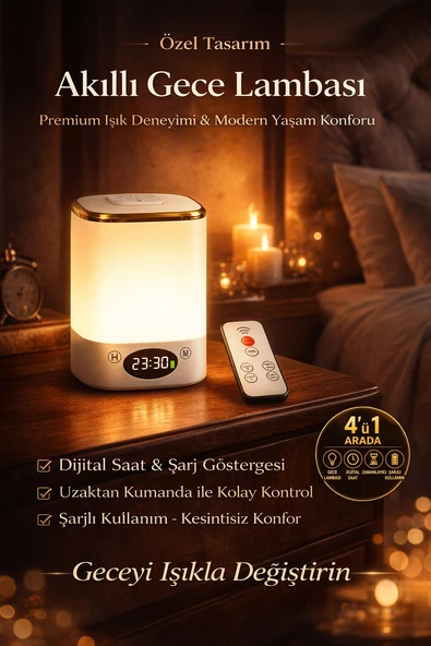 Şarjlı Led Gece Lambası Uzaktan Kumandalı Başucu Lambası Dijital Saatli Masa Lambası Işıldak ürün görseli 1