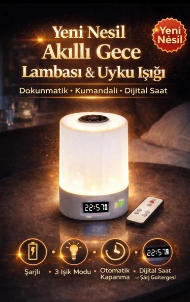 Şarjlı Gece Lambası Uzaktan Kumandalı Başucu Lambası Dijital Saatli LED Masa Lambası Işıldak ürün görseli 1