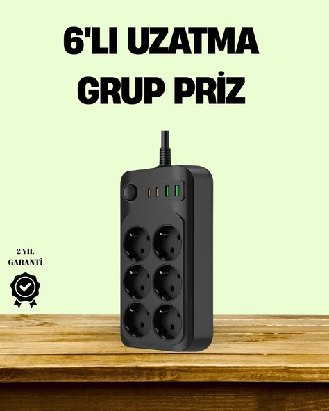2500W Güçlü 6’lı Priz USB ve Type-C Çıkışlı Termal Korumalı ürün görseli 1