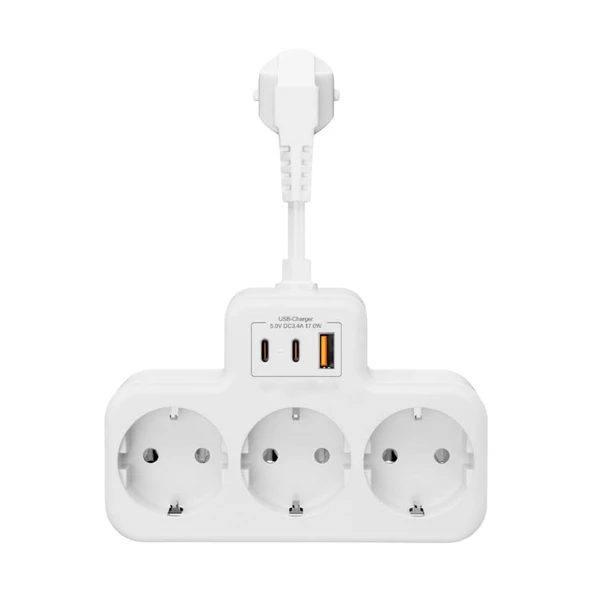 Akım Korumalı Priz, Duvar Priz Çoğaltıcı, 3x Priz Soketi, 2x Type-C Girişi, 1x USB Girişi, Çocuk Korumalı ve Isıya Dayanıklı Yapı ürün görseli 1