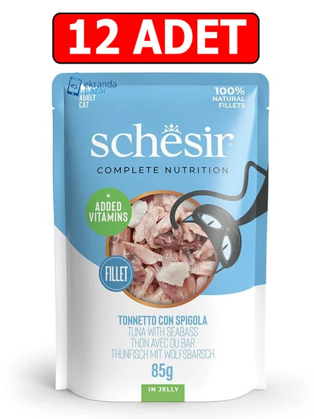 Schesir ton balıklı ve levrekli jelly pouch kedi yaş maması 85gr 12adet kedi konserve ıslak mama ürün görseli 1
