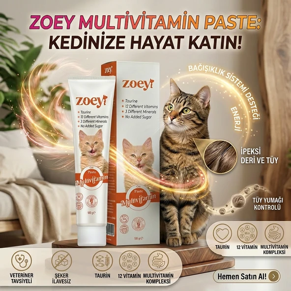 Zoey Multivitamin Paste Tüy Yumağı Bağışıklık Sistemi Deri ve Tüy Destekleyici Kediler İçin Multivitamin Kedi Vitamini Macun 100g ürün görseli 1