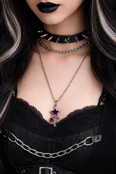 Mor Yıldız Figürlü Gotik Kolye Gümüş Renk Zincir Unisex ürün görseli 1