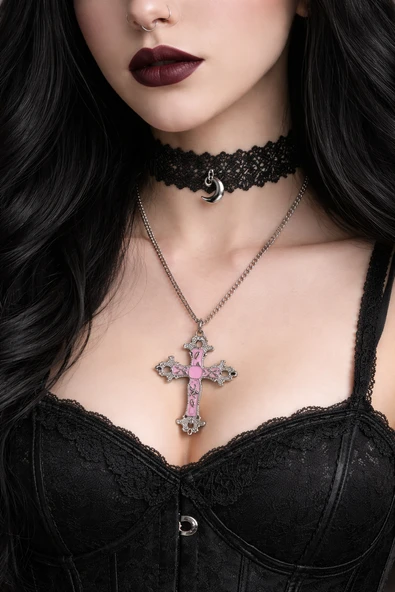 Pembe Detaylı Gotik Haç Kolye Gümüş Renk Zincir Unisex ürün görseli 1