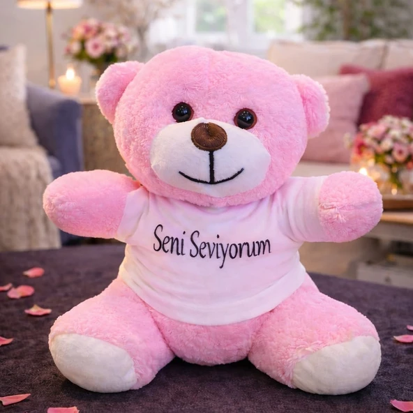 Seni Seviyorum Tişörtlü Pembe Peluş Ayıcık - Resim 2