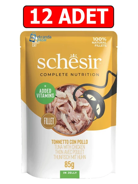 Schesir ton balıklı ve tavuklu jelly pouch kedi yaş maması 85gr 12adet kedi konserve ıslak mama ürün görseli 1