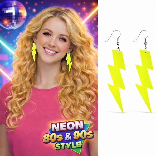 80’ler 9039lar Retro Neon Sarı Şimşek Küpe 10 Cm ürün görseli 1