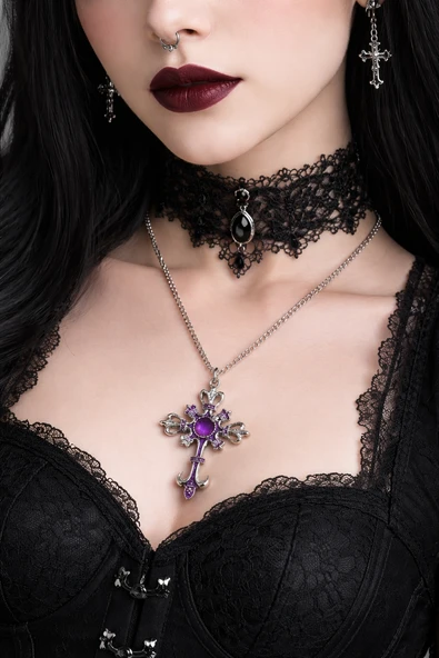 Mor Renk Kaplama Gotik Haç Kolye Unisex Metal Zincir Aksesuar ürün görseli 1