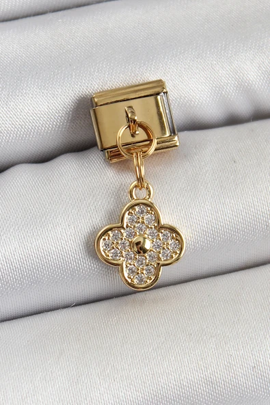 316L Çelik Sallantılı Zirkon Taşlı Yonca Model Gold Renk Charm