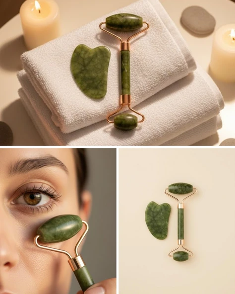 Yeşim Taşı Yüz Bakım Seti Çift Başlıklı Roller ve Gua Sha ürün görseli 1