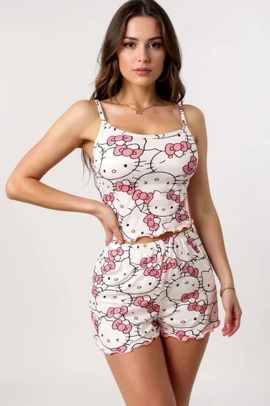 Hello Kitty Baskılı Askılı Şortlu Pijama Takımı ürün görseli 1
