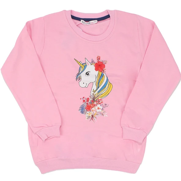 Kız Çocuk Pembe Çiçekli Unicorn Baskılı Tek Üst Sweat ürün görseli 1