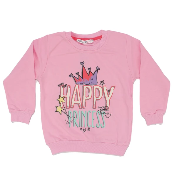 Kız Çocuk Pembe Happy Prensess Yazılı Taç Baskılı Tek Üst Sweat ürün görseli 1