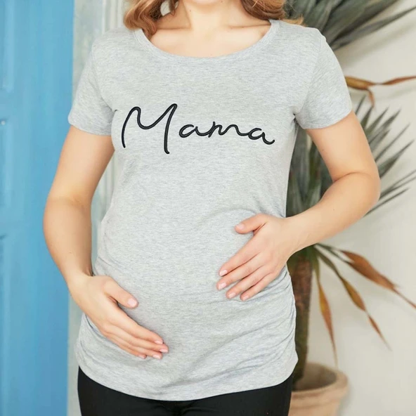 Gri Mama Nakışlı Hamile Kısa Kol Tişört ürün görseli 1