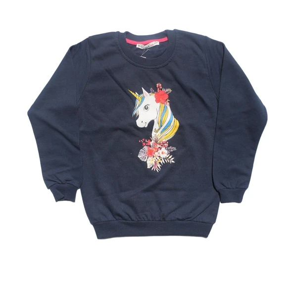 Kız Çocuk Lacivert Çiçekli Unicorn Baskılı Tek Üst Sweat ürün görseli 1