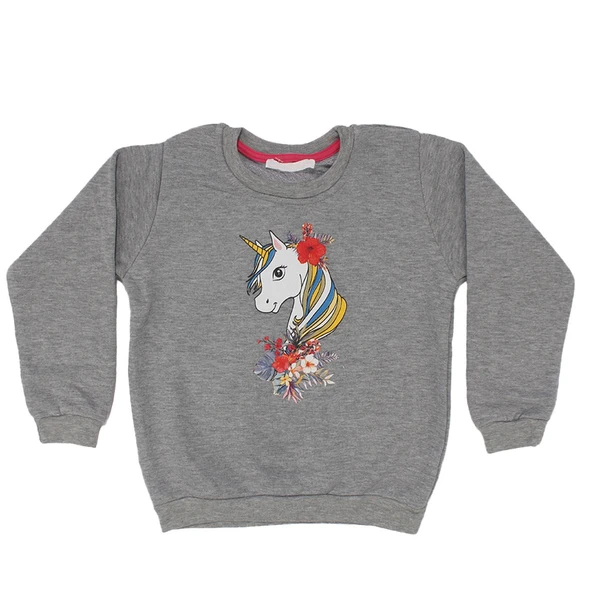 Kız Çocuk Gri Unicorn Desenli Tek Üst Sweat ürün görseli 1