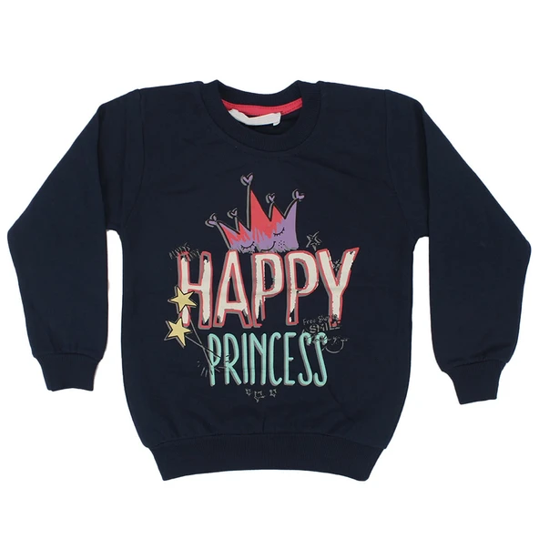 Kız Çocuk Lacivert Happy Prensess Yazılı Taç Baskılı Tek Üst Sweat ürün görseli 1