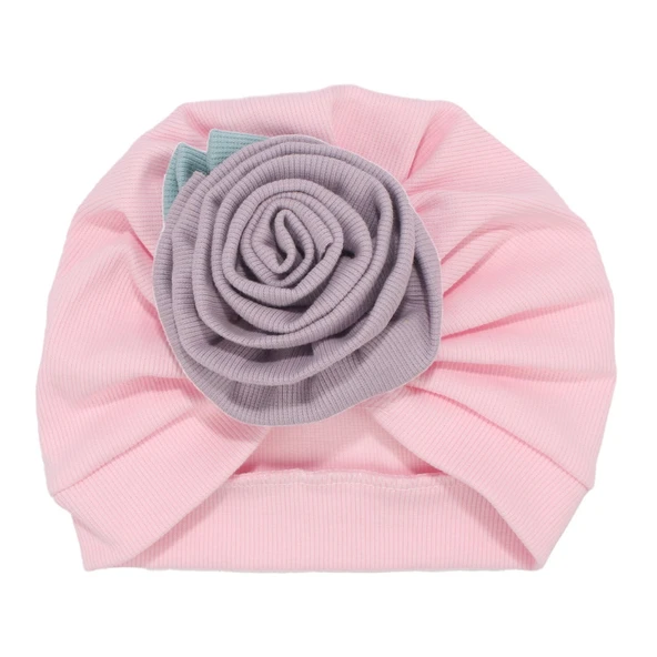 Kız Bebek Pembe Mor Gül Tokalı Bone - Resim 3