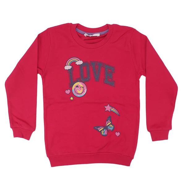 Kız Çocuk Fuşya Love Gülücük Baskılı Tek Üst Sweat ürün görseli 1