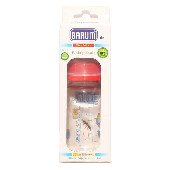 Barum Hayvan Desenli Kiraz Uçlu Kırmızı Cam Biberon 125 ml ürün görseli 1