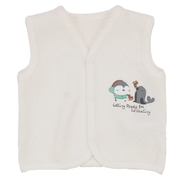 Unisex Bebek Ekru Kapitoneli Penguen Desenli Çıtçıtlı Penye Yelek ürün görseli 1