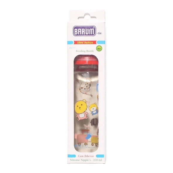 Barum Cam Leylekli Teren Desenli Bebek Biberon Kırmızı 250 ml ürün görseli 1