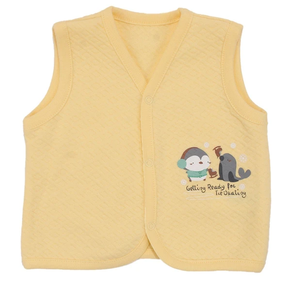 Unisex Bebek Sarı Kapitoneli Penguen Desenli Çıtçıtlı Penye Yelek ürün görseli 1