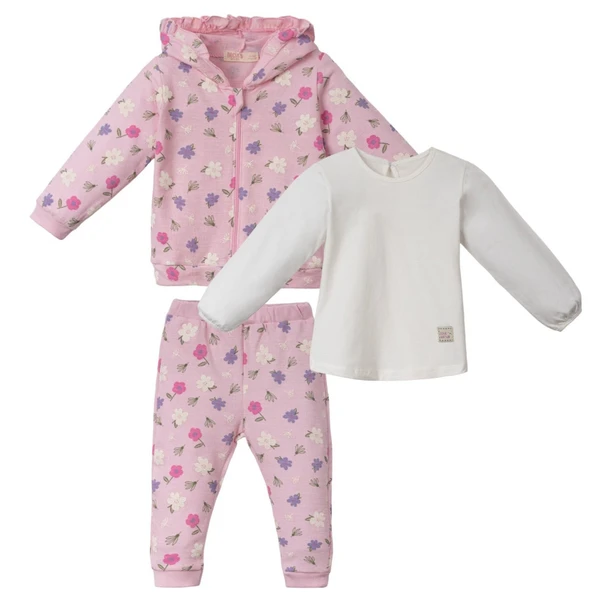 Kız Bebek Pembe Çiçek Desenli Fırfırlı Kapüşonlu 3'lü Set ürün görseli 1