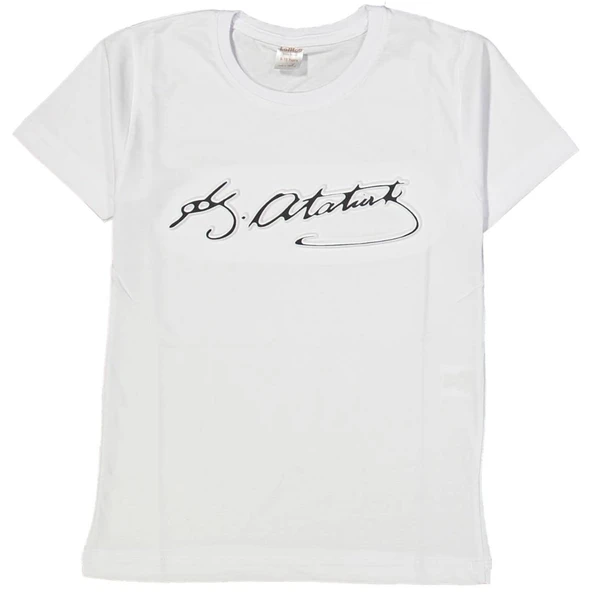 Unisex Beyaz Siyah K. Atatürk Kabartmalı İmzalı Kısa Kol Tişört ürün görseli 1