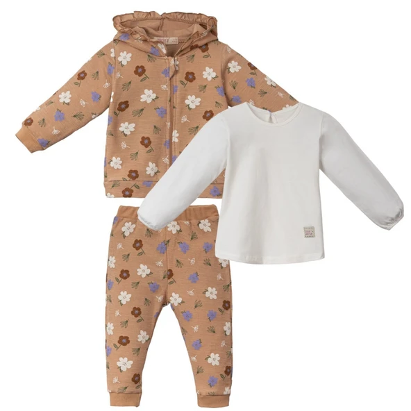 Kız Bebek Kahve Çiçek Desenli Fırfırlı Kapüşonlu 3'lü Set ürün görseli 1