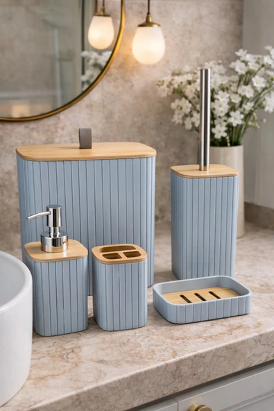 MAKRİ HOME Bambu Kapaklı Çizgili Dikdörtgen 5 Parça Banyo Seti, Gri, 21 x 19 x 24 cm. ürün görseli 1