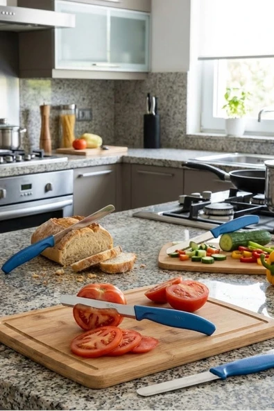 MAKRİ HOME 4'lü Ultra Keskin Tırtıklı Bıçak Seti, Mavi 22 Cm %100 Garantili Paslanmaz Çelik ürün görseli 1