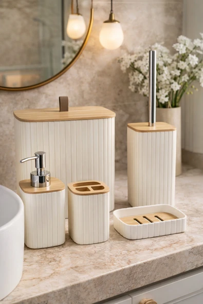 MAKRİ HOME Bambu Kapaklı Çizgili Dikdörtgen 5 Parça Banyo Seti, Krem, 21 x 19 x 24 cm. ürün görseli 1