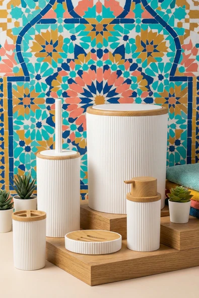 MAKRİ HOME Banyo Seti 5'li, Beyaz, Ahşap Desenli, Yuvarlak ürün görseli 1