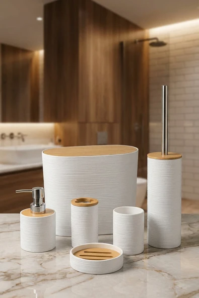 MAKRİ HOME 6 Parça Bambu Kapaklı Banyo Seti, Beyaz, Oval, Hacim: 8 litre ürün görseli 1