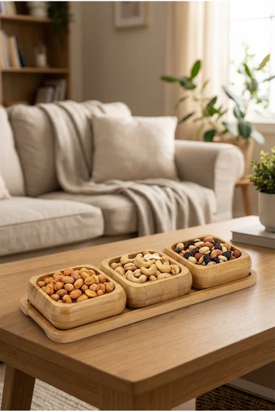 MAKRİ HOME Bambu 3'lü Çerezlik & Kuruyemiş Sunum Seti Kare – Tepsili, Doğal Ahşap Servis Kasesi ürün görseli 1