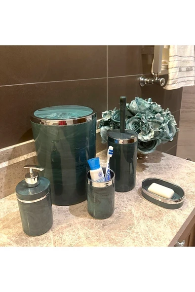 MAKRİ HOME Banyo Seti 5'li, Yuvarlak, Akrilik-Çöp Kovası, WC Fırçalık, Sıvı Sabunluk, Diş Fırçalık, El Sabunluk ürün görseli 1