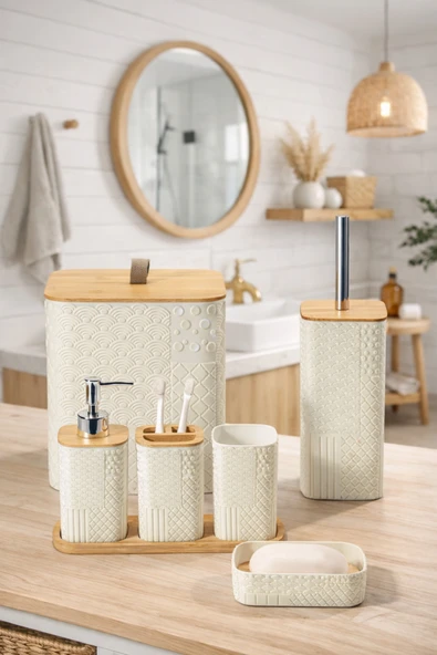 MAKRİ HOME Desenli 7 Parça Bambu Kapaklı ve Aksesuarlı Banyo Seti ürün görseli 1