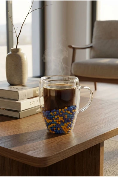 MAKRİ HOME Çift Cidarlı Sarı Lacivert Cam Kupa 350 ML – Isıya Dayanıklı ürün görseli 1