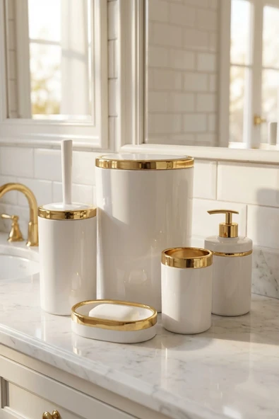 MAKRİ HOME Banyo Seti 5'li,Akrilik-ÇöpKovası,WC Fırçalık,Sıvı Sabunluk,Diş Fırçalık,El Sabunluk,Gold Renk Detay ürün görseli 1