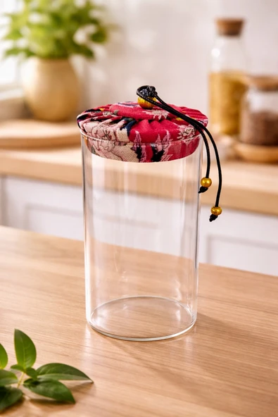 MAKRİ HOME 800 ml Borosilikat Cam Hava Geçirmez Kırmızı Kumaş Kaplama Bambu Kapaklı Kavanoz, çap:8 cm, h: 21 cm ürün görseli 1
