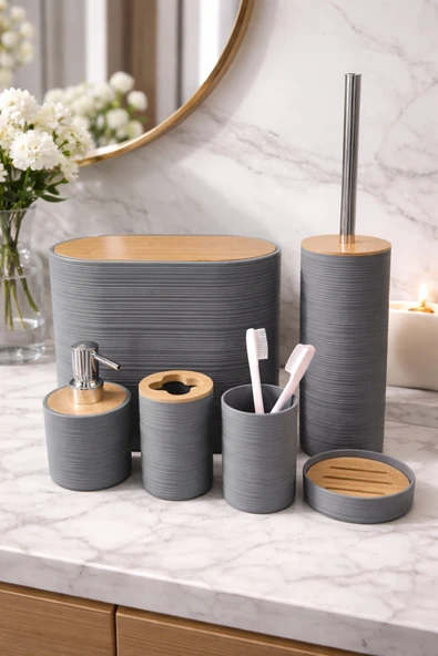 MAKRİ HOME 6 Parça Gri Banyo Seti, Bambu Detaylı, 8L Çöp Kovası 24x26x16 cm ürün görseli 1
